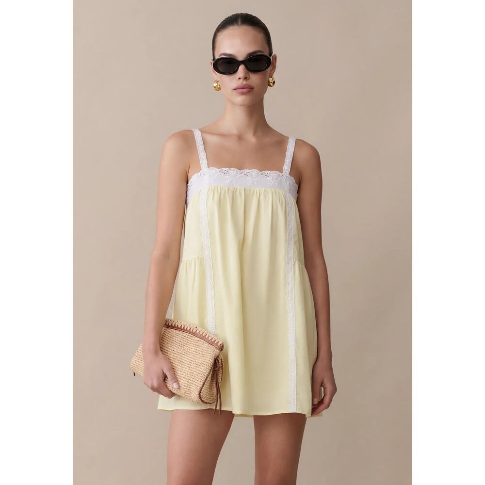 NWT Kourt Few Moda Yellow Lace Trim Babydoll Florence Mini Cotton Dress XS Flirt